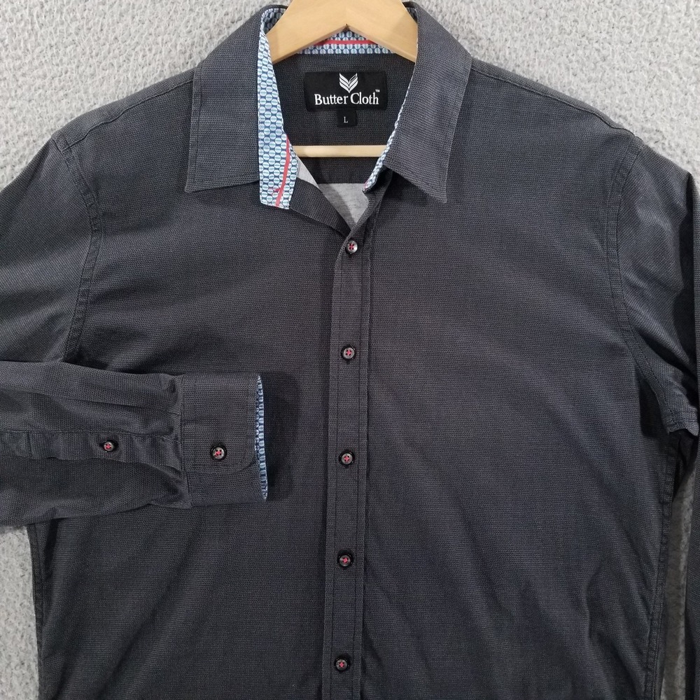 Buttercloth Shirt Mens Large Black Geometric Contrast Trim Long Sleeve Button Up
